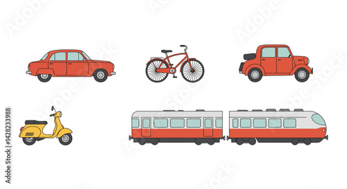 Collection of varied transportation vehicles showcasing a bike car scooter and train