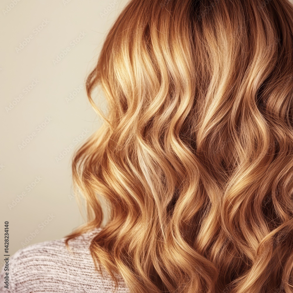 Fototapeta premium Hair with soft waves and highlights against a neutral background.