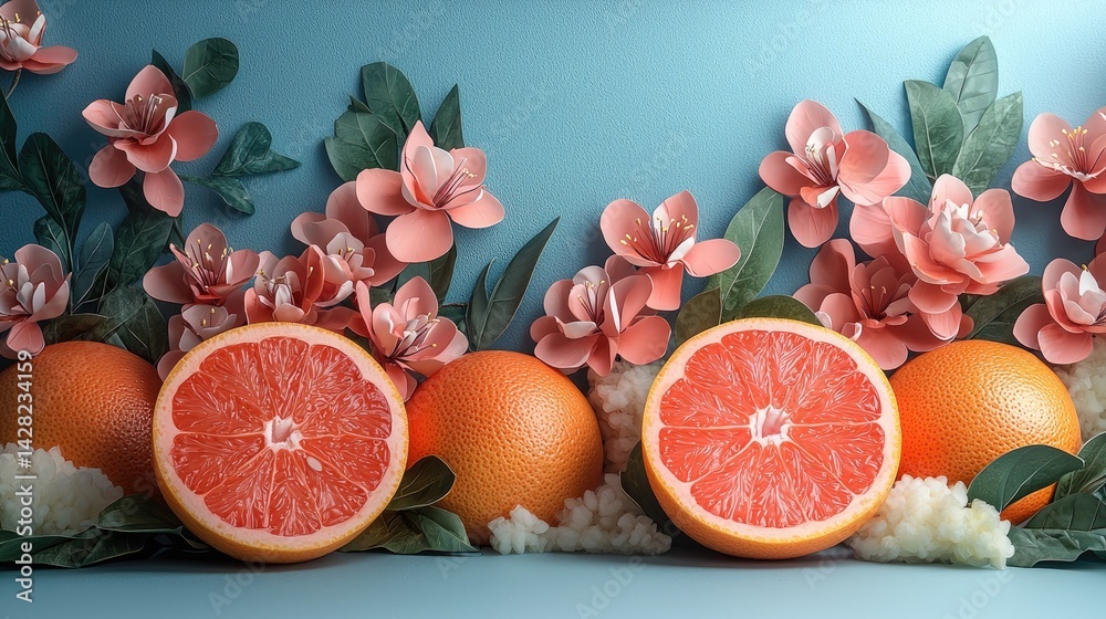 Bright oranges and halved grapefruit are artfully arranged alongside pink flowers and green leaves, creating a cheerful atmosphere