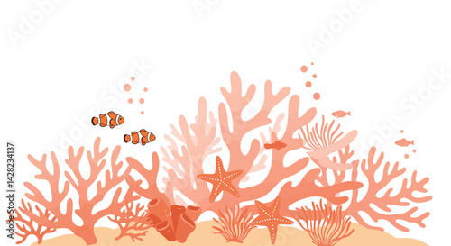 Coral reef ecosystem illustration with clownfish and starfish in soft coral tones
