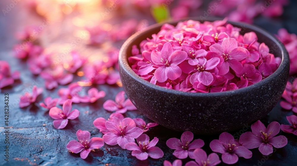 Vibrant pink petals fill a dark bowl, with delicate blooms scattered on a textured surface, creating a tranquil atmosphere
