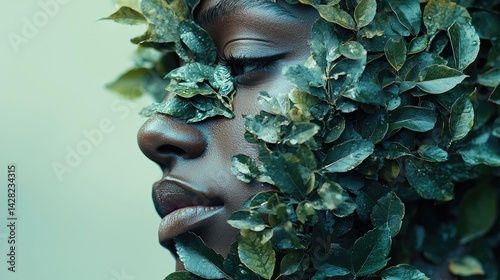 A woman’s face partially obscured by lush green leaves, showcasing the connection between human beauty and nature’s elements in a serene setting