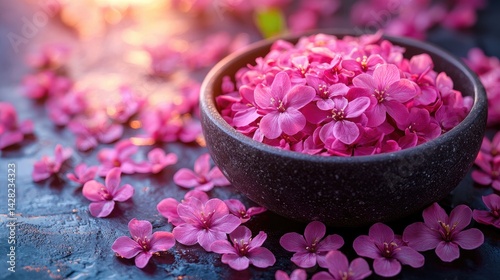 Obraz na płótnie Vibrant pink petals fill a dark bowl, with delicate blooms scattered on a textured surface, creating a tranquil atmosphere w salonie