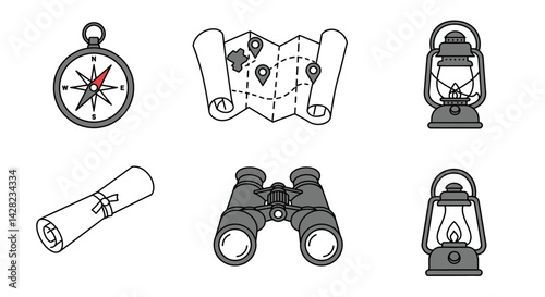 Monochrome Adventure Kit: Compass, Map, Scroll, Binoculars, and Lanterns for Exploration