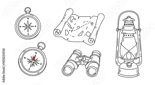 Vintage adventure and exploration themed line art collection with navigation tools