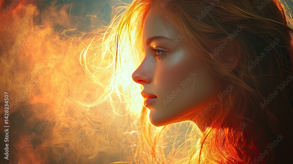 A young woman gazes thoughtfully with her hair illuminated by warm golden light while soft fog envelops her in the background during sunset
