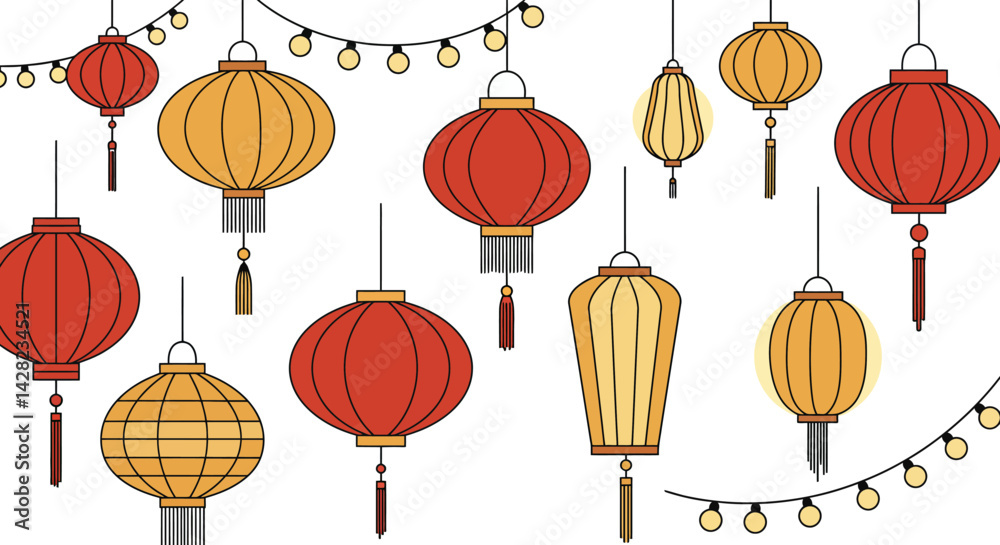 Festive Asian Lanterns Ornament, Red and Yellow Lights Decorating Backdrop Festive Asian Lanterns Ornament, Red and Yellow Lights Decorating Backdrop