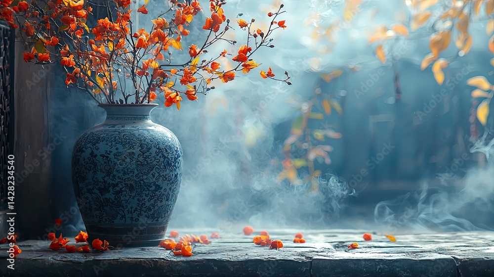 Bright orange flowers in a decorative blue vase sit amidst soft mist, highlighting an outdoor space with a serene ambiance