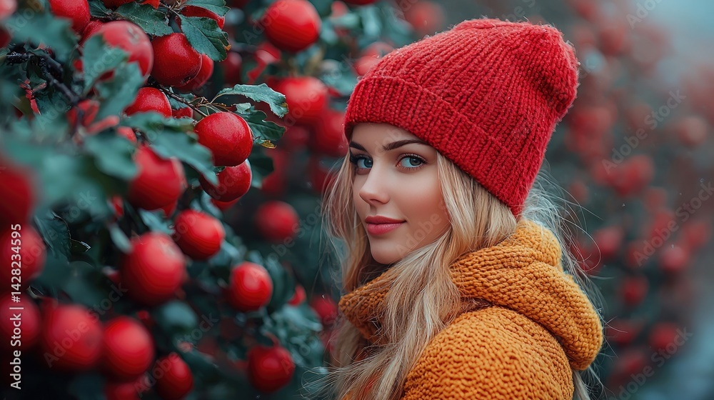 Young woman with long blonde hair enjoys a crisp autumn day, surrounded by ripe red apples in a picturesque orchard setting