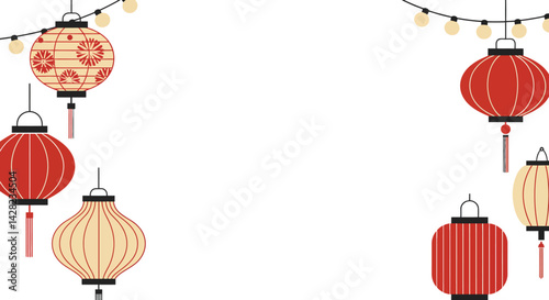 Festive chinese lanterns and string lights arrangement celebration background