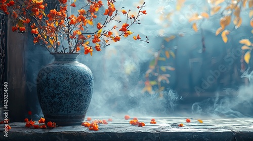 Obraz na płótnie Bright orange flowers in a decorative blue vase sit amidst soft mist, highlighting an outdoor space with a serene ambiance w salonie
