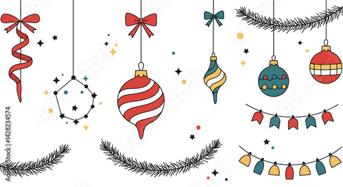 Festive christmas background featuring ornaments, bows, garlands, and celestial accents