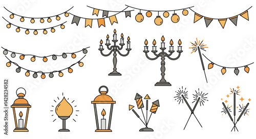 Festive holiday vector art featuring decorations, lights, candles, and sparklers