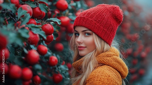 Obraz na płótnie Young woman with long blonde hair enjoys a crisp autumn day, surrounded by ripe red apples in a picturesque orchard setting w salonie