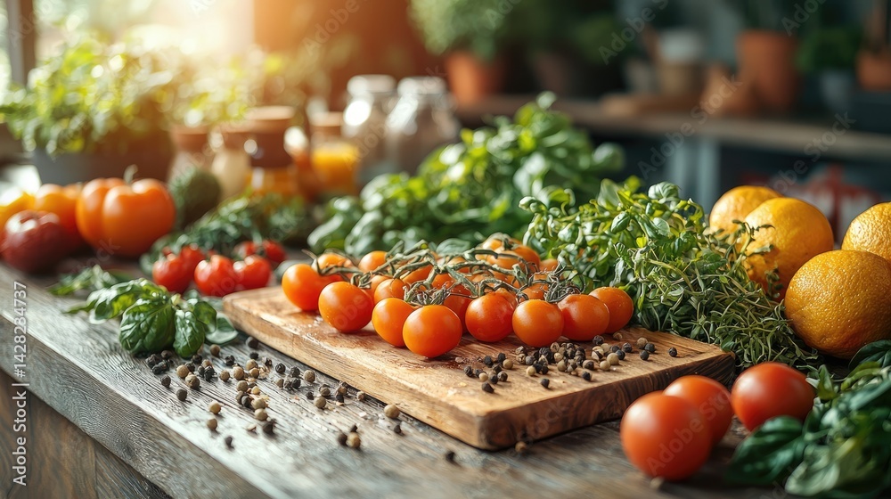 Colorful tomatoes, oranges, and fresh herbs are artfully displayed on a wooden surface, capturing the essence of healthy cooking