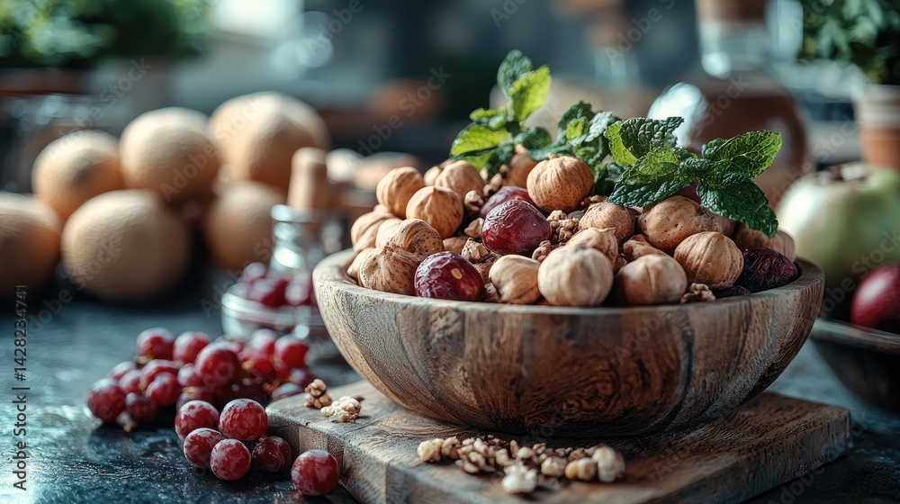 A rustic wooden bowl filled with a variety of nuts and berries is placed on a kitchen counter decorated with fresh mint leaves and fruits