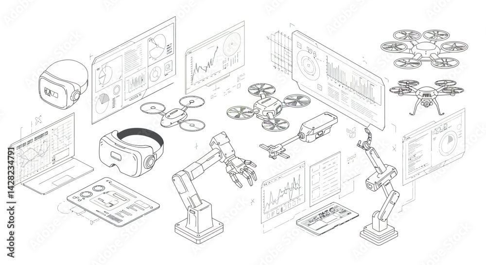 Isometric blueprint illustration showcasing future technologies and robotic systems Isometric blueprint illustration showcasing future technologies and robotic systems