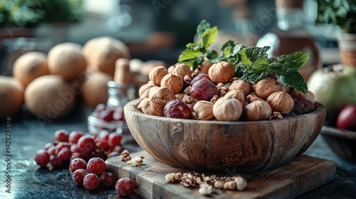 A rustic wooden bowl filled with a variety of nuts and berries is placed on a kitchen counter decorated with fresh mint leaves and fruits