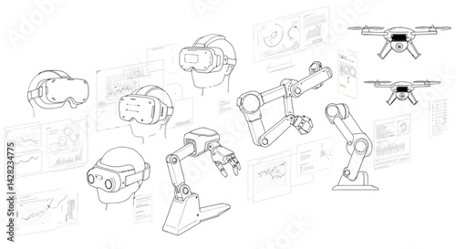 Futuristic Technology and Automation Concept Represented in Line Art Style