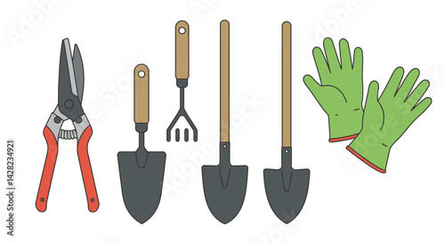 Various garden tools arranged on a white background, showcasing equipment for yardwork