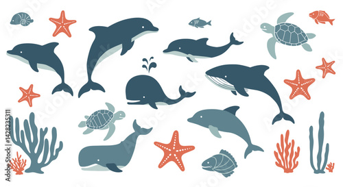 Stylized marine life illustration with dolphins, whales, turtles and coral elements