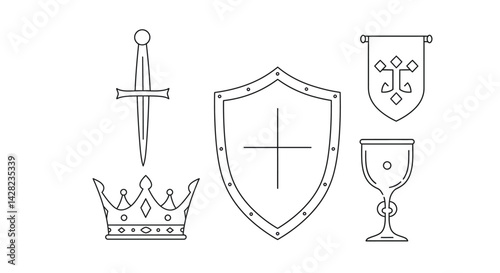 Medieval Heraldry Icons: Sword, Crown, Shield, Banner, Chalice - Line Art