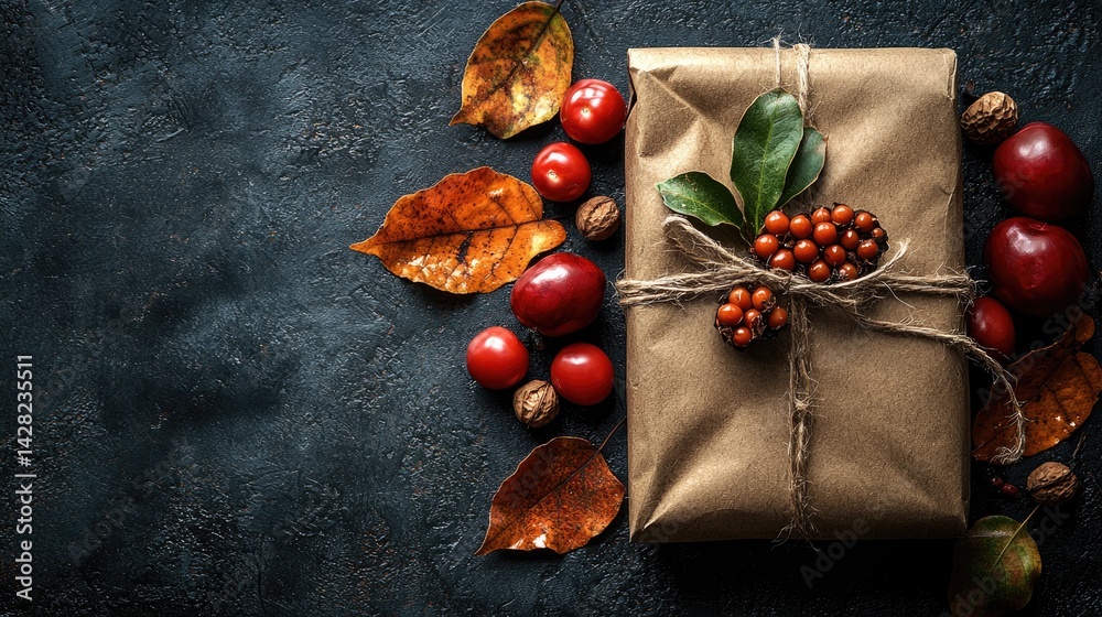 A beautifully wrapped gift made with natural materials sits among colorful autumn leaves, vibrant fruits, and nuts on a dark surface