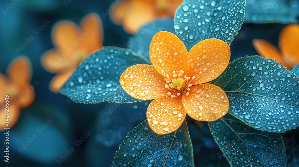 Vibrant orange flower detailed with droplets of water resting on its petals, surrounded by rich green leaves in a peaceful garden area