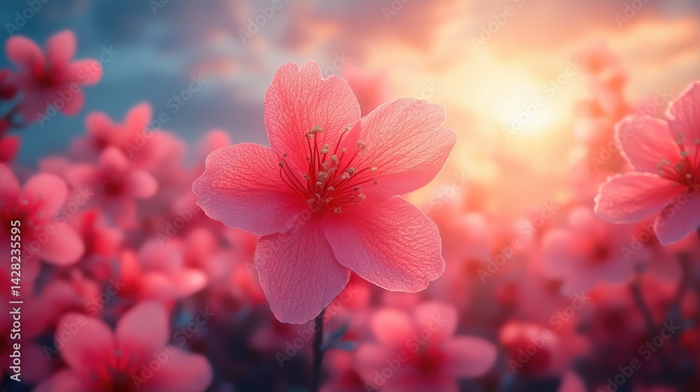 Cherry blossoms fill the landscape, basking in the soft golden light of sunset, casting a tranquil glow in the garden