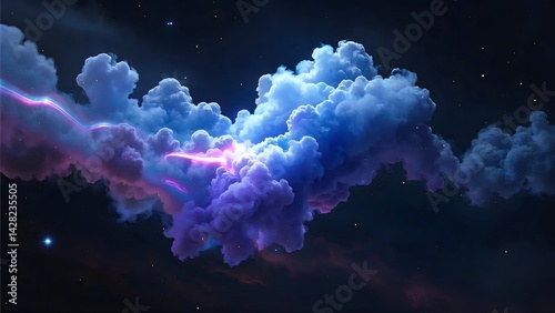 A blue and purple cloud with a lightning bolt in the middle. The sky is dark and the clouds are thick