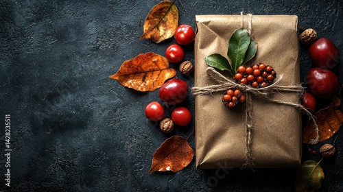 Obraz na płótnie A beautifully wrapped gift made with natural materials sits among colorful autumn leaves, vibrant fruits, and nuts on a dark surface w salonie