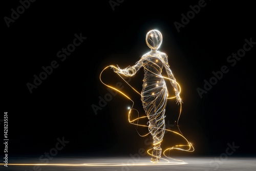 Futuristic humanoid figure in glowing outline with sphere, symbolizing artificial intelligence evolution