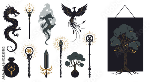 Mystical symbols and magical artifacts featuring dragons phoenixes trees and wands illustrations