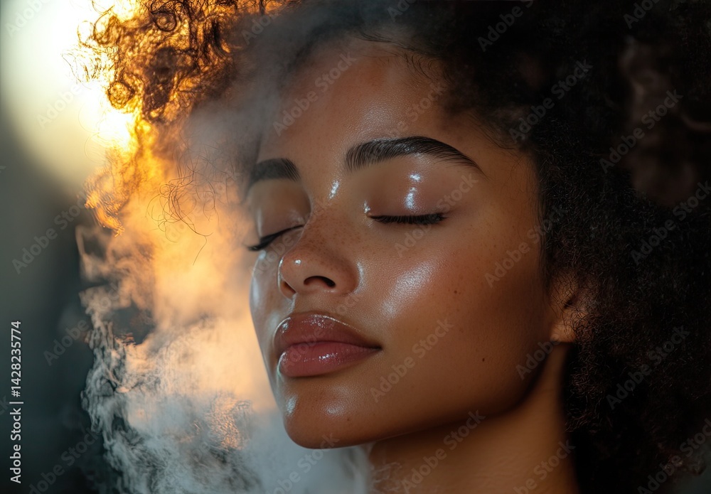 Client relaxes while undergoing a steam treatment for her hair, enhancing moisture and shine in a serene salon environment