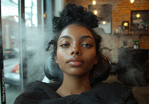 Obraz na płótnie Client relaxes in a chair as steam treatment rejuvenates her hair in a stylish salon setting w salonie
