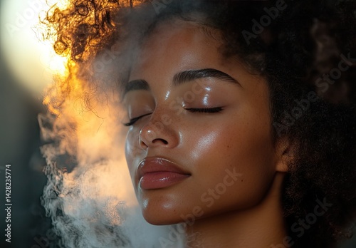 Obraz na płótnie Client relaxes while undergoing a steam treatment for her hair, enhancing moisture and shine in a serene salon environment w salonie