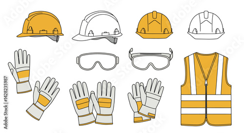 Construction gear graphical representation of safety equipment and uniform essentials