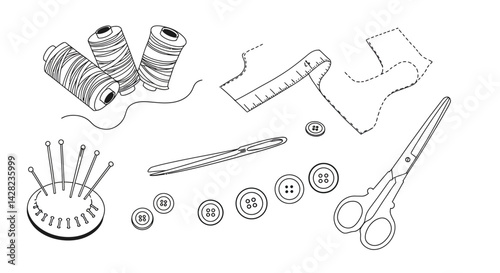 Illustration of assorted sewing equipment including thread spools and buttons
