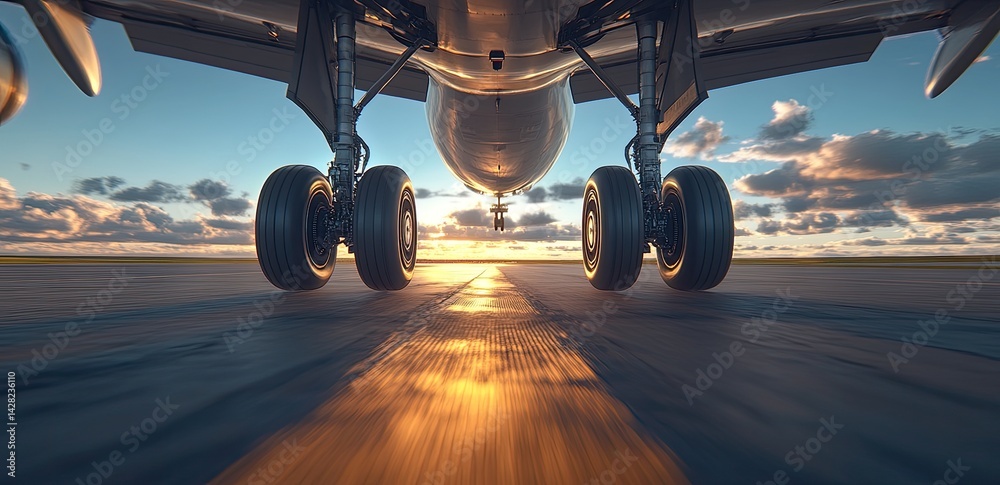 Bright midday sky serves as backdrop for landing gear of Airbus A320 as it makes contact with the runway, highlighting detail and precision