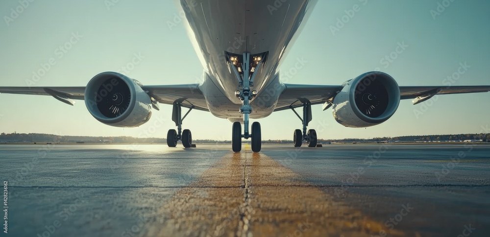 Ultra-realistic close-up of Airbus A320 landing gear making contact with a runway in a clear mid-day setting with blue sky