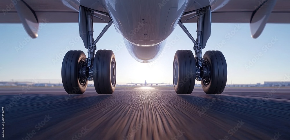 Close view of landing gear of an Airbus A320 as it touches the runway on a sunny day with a clear blue sky above