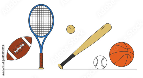Collection of essential sporting equipment illustration presenting diverse athletics