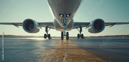 Obraz na płótnie Ultra-realistic close-up of Airbus A320 landing gear making contact with a runway in a clear mid-day setting with blue sky w salonie