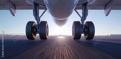 Obraz na płótnie Close view of landing gear of an Airbus A320 as it touches the runway on a sunny day with a clear blue sky above w salonie