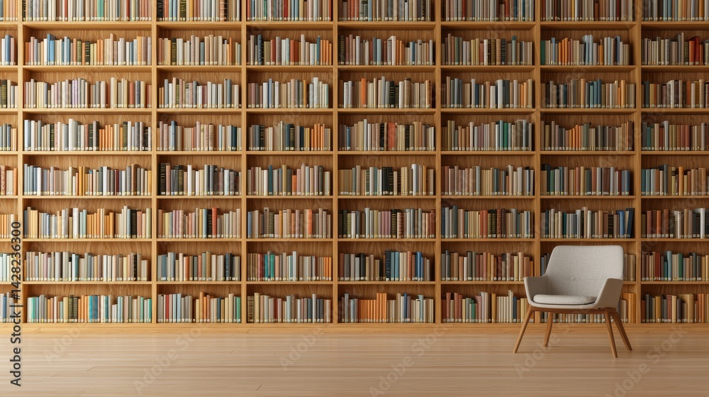 Cozy library with wooden shelves filled with books and a chair. Cozy library with wooden shelves filled with books and a chair.