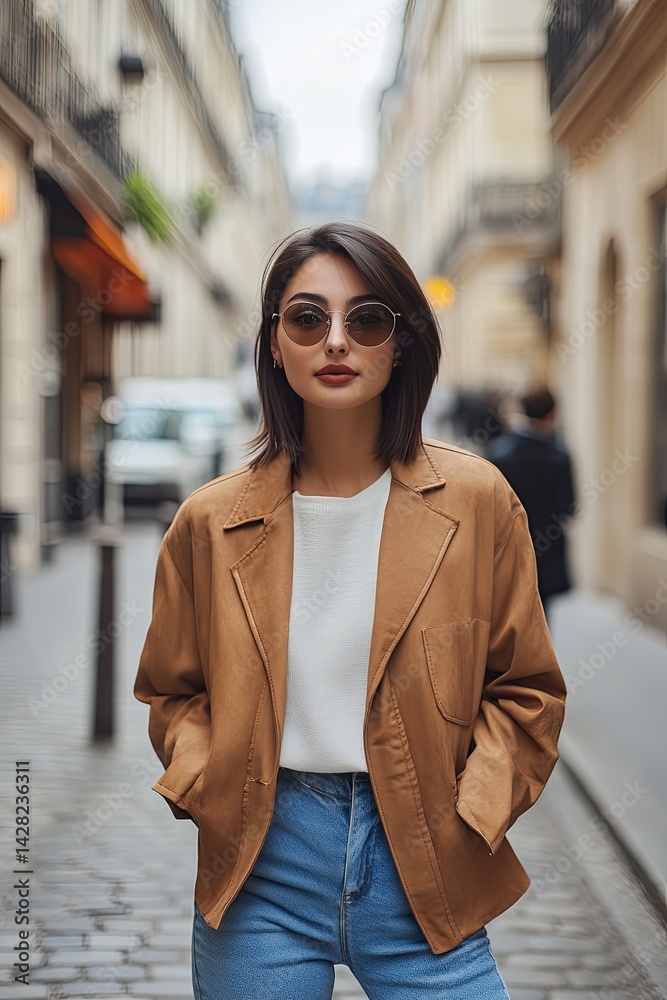 Western woman stands stylishly on a cobblestone street, showcasing modern fashion in a picturesque Parisian setting with iconic architecture