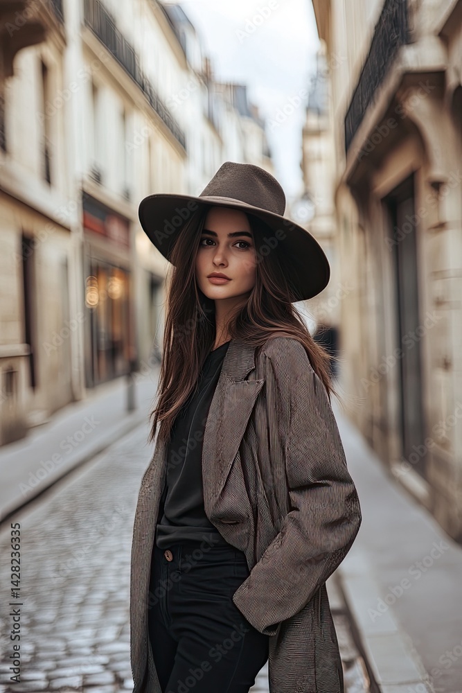 A stylish Western woman stands confidently in a fashionable outfit, capturing the charm of a quaint Parisian street lined with cafes