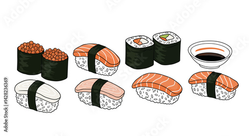 Assorted sushi and soy sauce drawing for a japanese culinary concept art