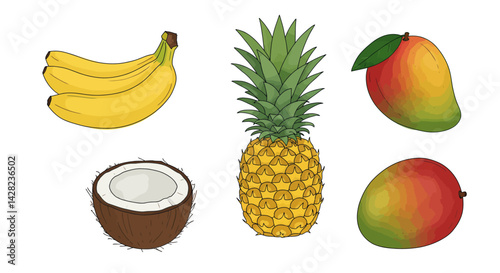 Tropical paradise illustration featuring vibrant bananas, pineapple, mango and coconut
