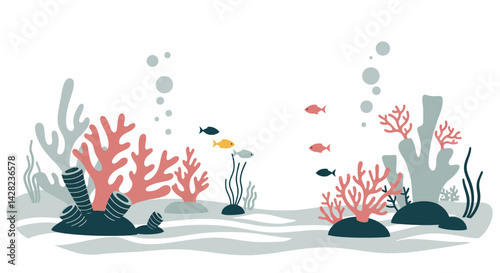Stylized underwater landscape illustration with coral reefs and swimming fish